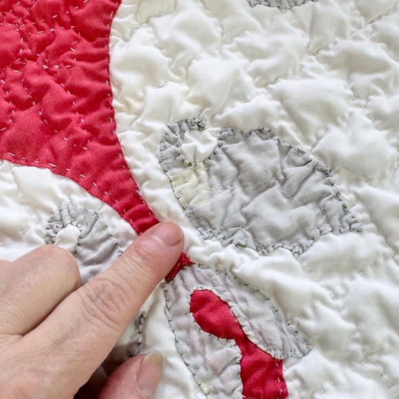Vintage 70s hand stitched quilt, red, white and grey, full size, flawed, AS IS - Picture 9 of 15